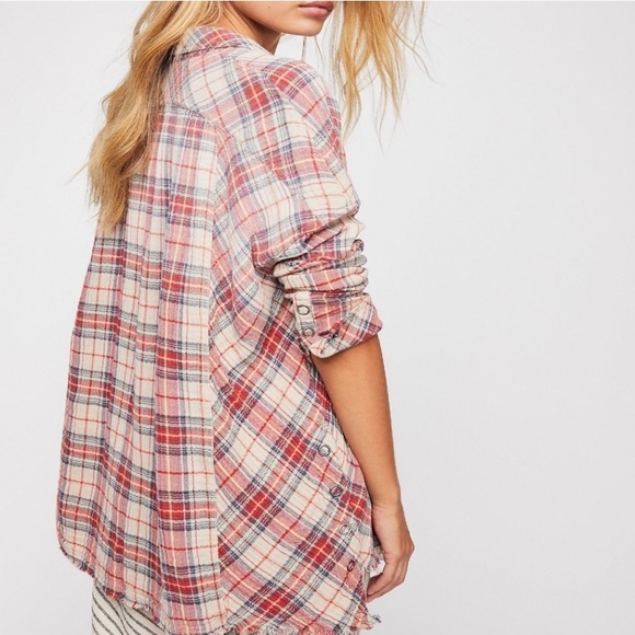 NWT FREE PEOPLE JUNIPER RIDGE PLAID HERRINGBONE BUTTON DOWN LONG SLEEVE SHIRT - Picture 4 of 7
